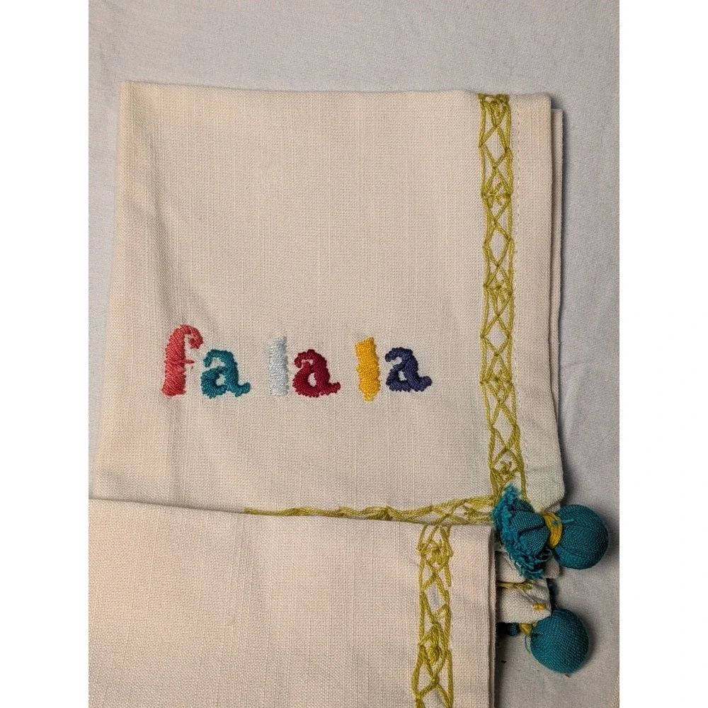 Set of 4 Fa La La Embroidered Christmas Napkins Cream with Teal Pom Tassels